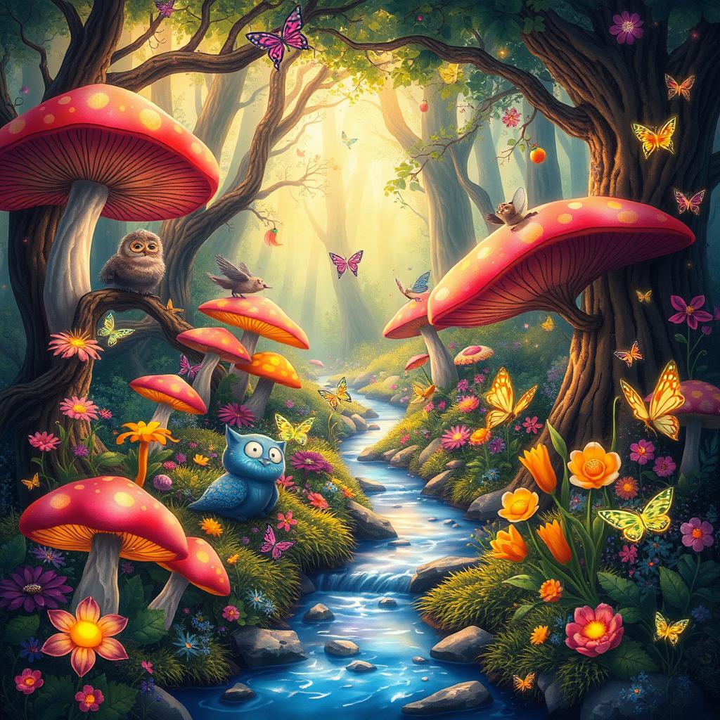 A whimsical and enchanting illustration of a mythical forest, filled with vibrant, oversized mushrooms and colorful, luminescent flowers