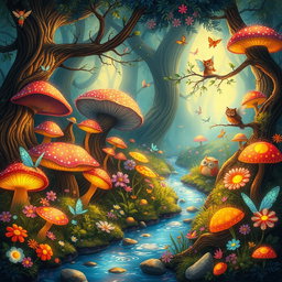 A whimsical and enchanting illustration of a mythical forest, filled with vibrant, oversized mushrooms and colorful, luminescent flowers