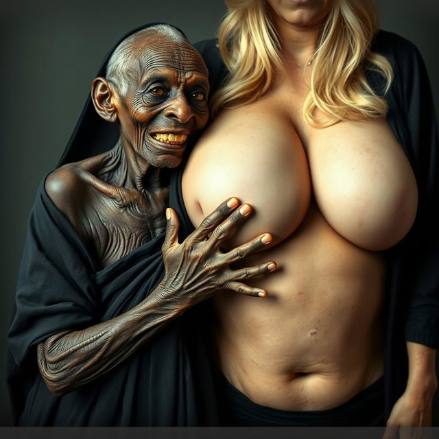 An elderly African woman, appearing emaciated with decayed teeth, dressed in a long, fully closed black garment, is firmly pressing her hands against the extraordinarily large breasts of a voluptuous blonde woman