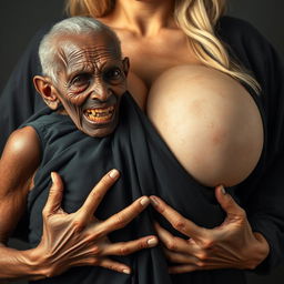 An elderly African woman, appearing emaciated with decayed teeth, dressed in a long, fully closed black garment, is firmly pressing her hands against the extraordinarily large breasts of a voluptuous blonde woman