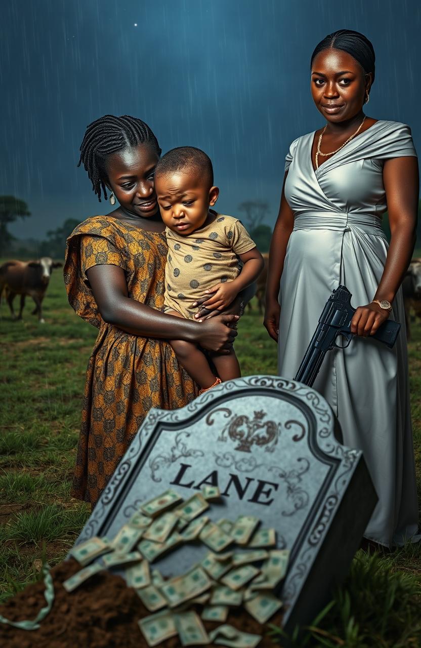An emotionally powerful scene featuring an African teenage girl in traditional attire, crying as she holds a drying 5-year-old boy gently in her arms