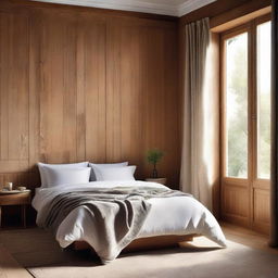 A bedroom bathed in warm sunlight, featuring a bed backed by rustic wooden panels, with delicate wallpaper adorning the wall above.