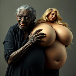 An elderly African woman, looking emaciated with decayed teeth, dressed in a long, fully closed black outfit, is forcefully gripping the gigantic breasts of a voluptuous blonde woman