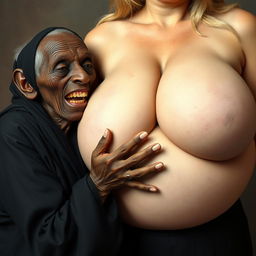 An elderly African woman, looking emaciated with decayed teeth, dressed in a long, fully closed black outfit, is forcefully gripping the gigantic breasts of a voluptuous blonde woman