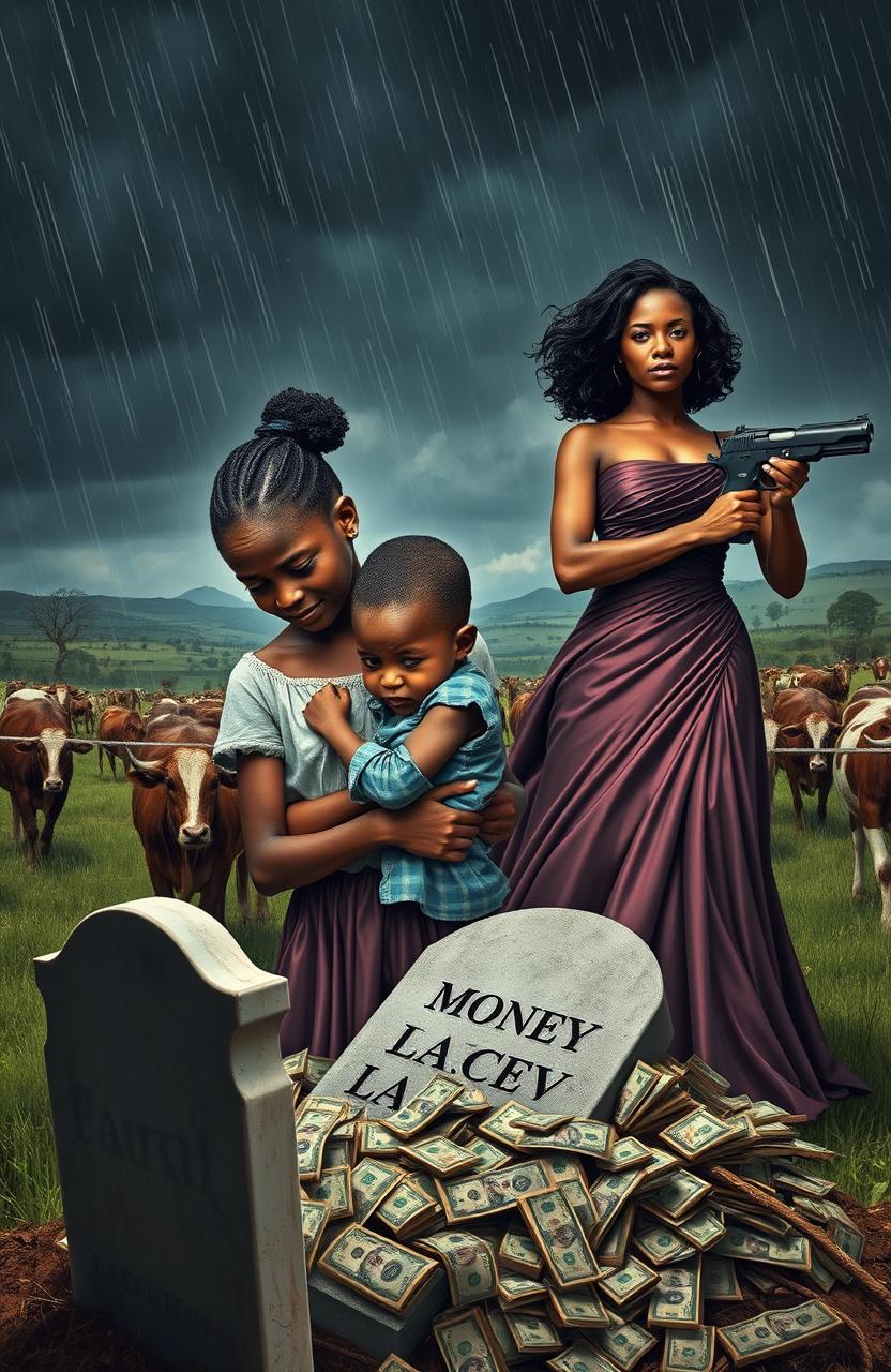 An emotional scene depicting a teenage African girl crying, cradling a drying 5-year-old boy in her arms, conveying a sense of sorrow and desperation