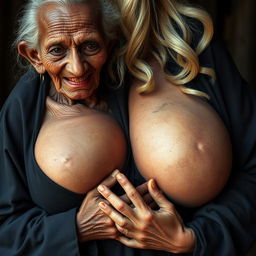 An elderly African woman, appearing malnourished with decayed teeth and estimated to be 150 years old, dressed in a long, fully closed black outfit, is gripping tightly with her hands the extraordinarily large breasts of a curvy blonde woman