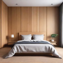 Japandi style bedroom, with a textile bed set against wooden panels that reach mid-wall and tasteful wallpaper above the wood panels.