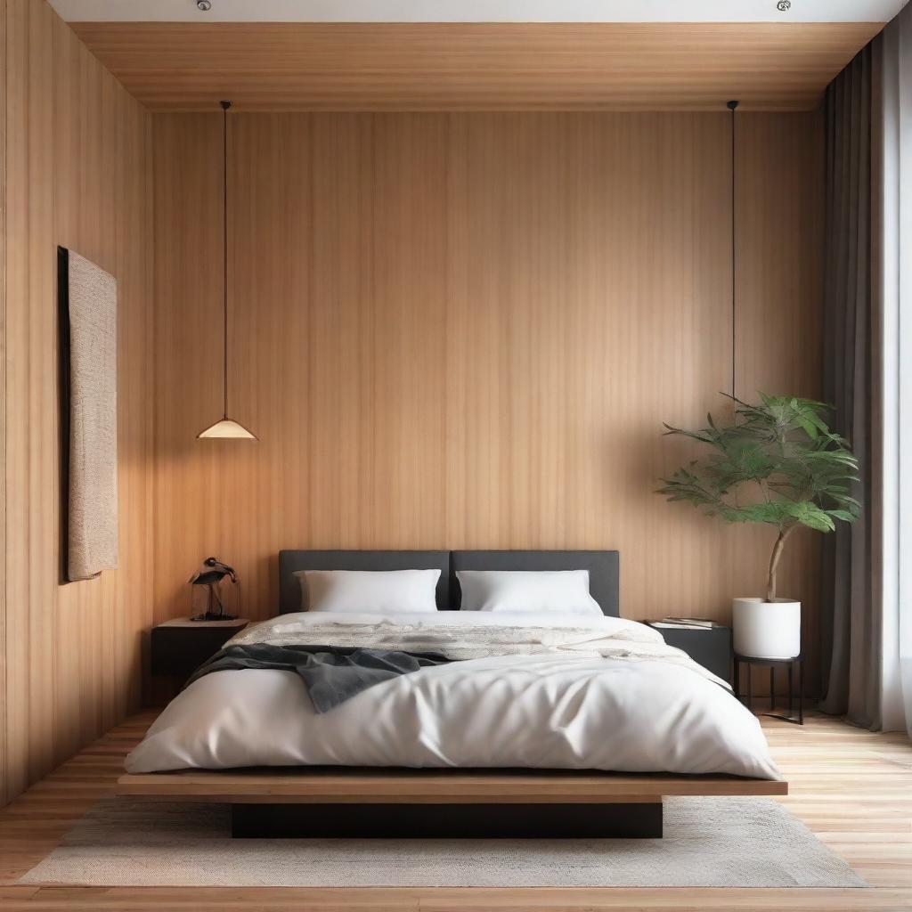 Japandi style bedroom, with a textile bed set against wooden panels that reach mid-wall and tasteful wallpaper above the wood panels.