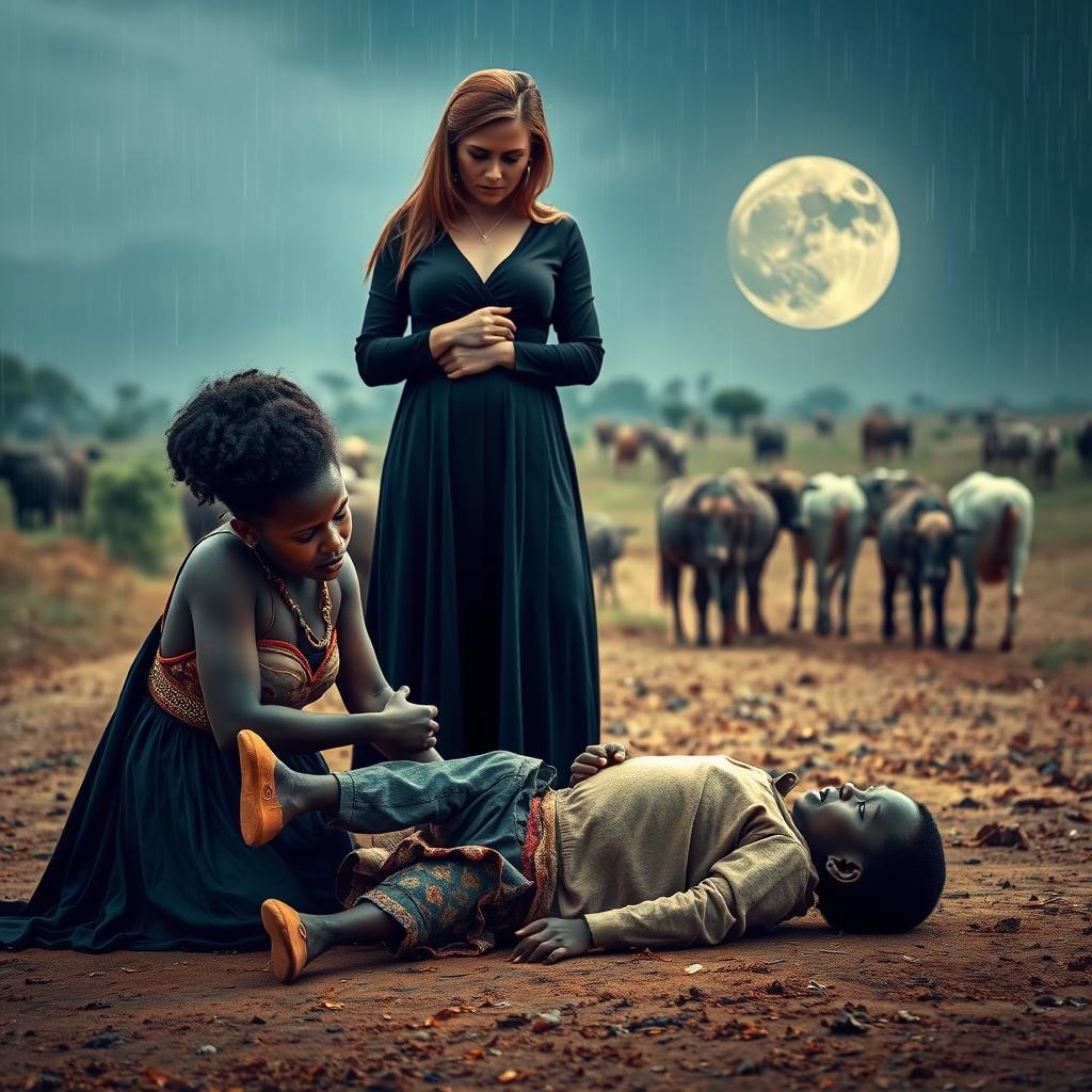A poignant scene featuring an African teenage girl weeping on her knees, holding a lifeless 5-year-old boy in her arms, reflecting deep sorrow and tragedy