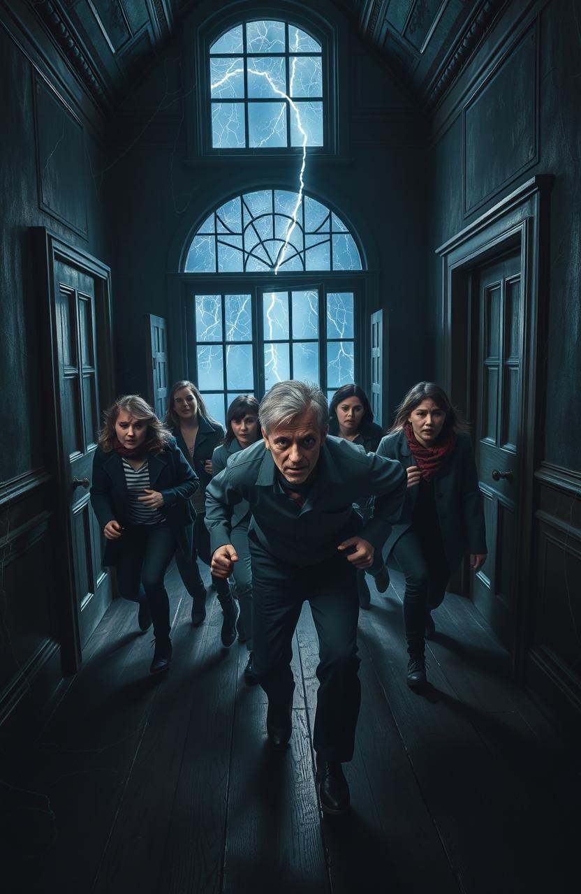 A thrilling scene inside a spooky, old mansion where a group of old students, looking nervous and scared, are being chased by a fellow student named Victor