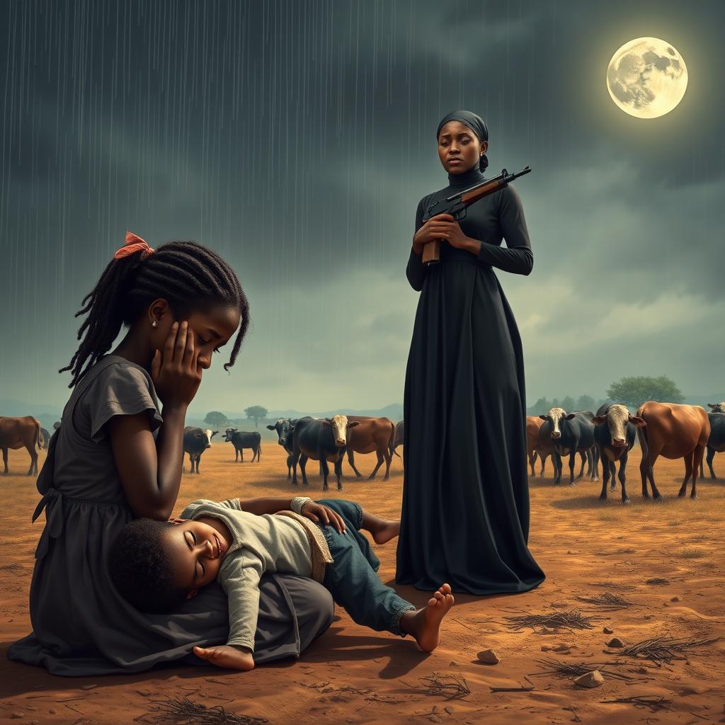 A poignant scene depicting an African teenage girl weeping on her knees, cradling a lifeless 5-year-old boy in her arms, capturing deep sorrow and grief