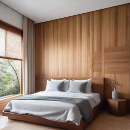 Japandi style bedroom, with a textile bed set against wooden panels that reach mid-wall and tasteful wallpaper above the wood panels.