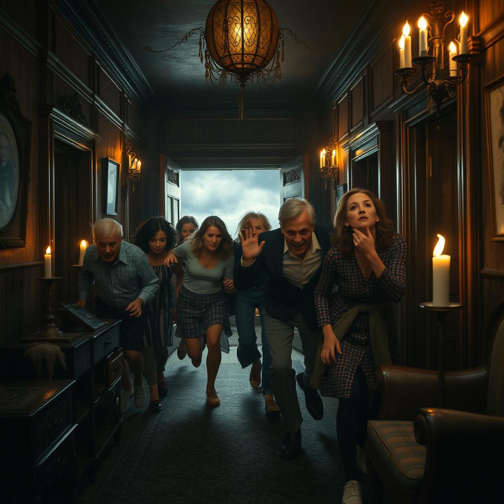 A tense scene inside an eerie old mansion where a group of old friends, appearing frightened and anxious, are being chased by one of their own named Victor