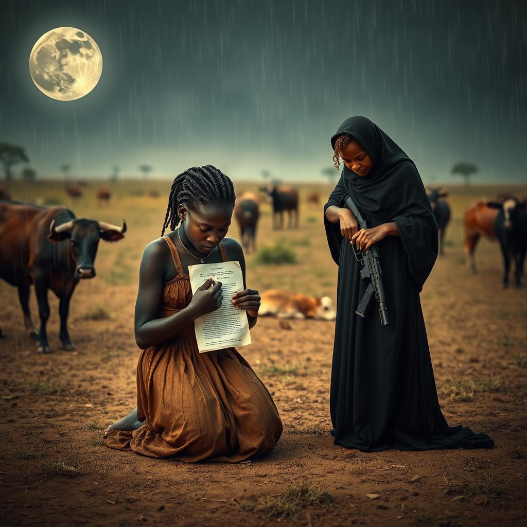 A deeply emotional scene featuring an African teenage girl weeping on her knees, holding a drying 5-year-old boy in her arms