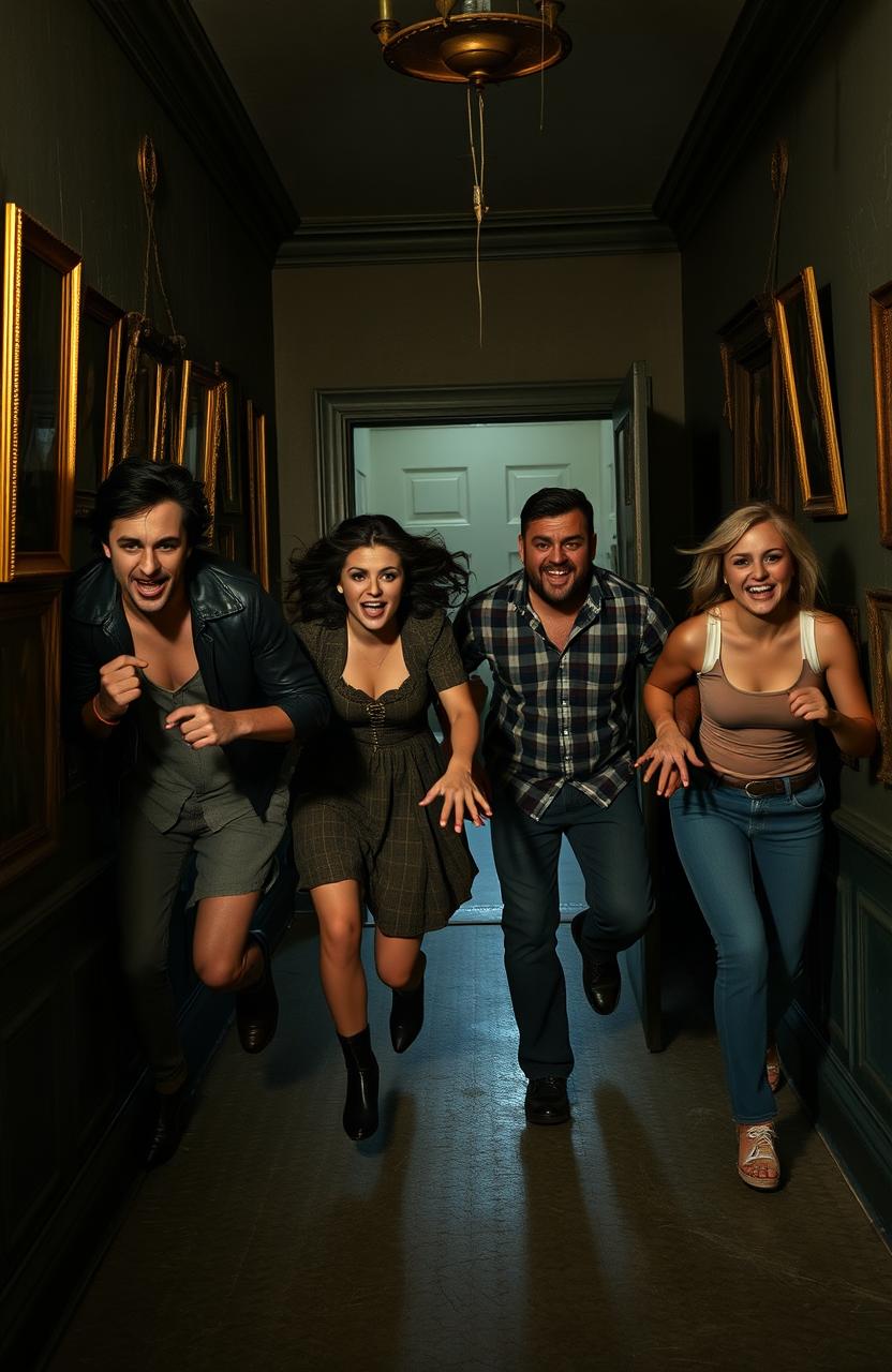A tense scene inside an old mansion where a group of four friends are panicked and trying to escape