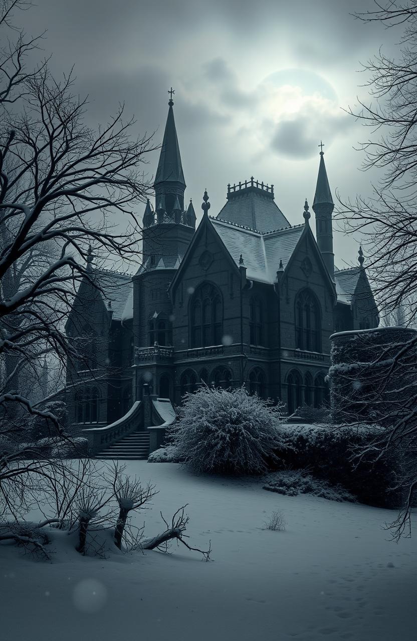 An old manor house shrouded in darkness and snow, surrounded by leafless trees with intricate branches, a thick layer of soft, powdery snow covering the ground and rooftops, faint moonlight filtering through a cloudy sky casting eerie shadows, the manor itself with gothic architectural elements such as tall spires, arched windows, and ornate details, creating a mysterious and haunting atmosphere, with snowflakes gently falling in the foreground