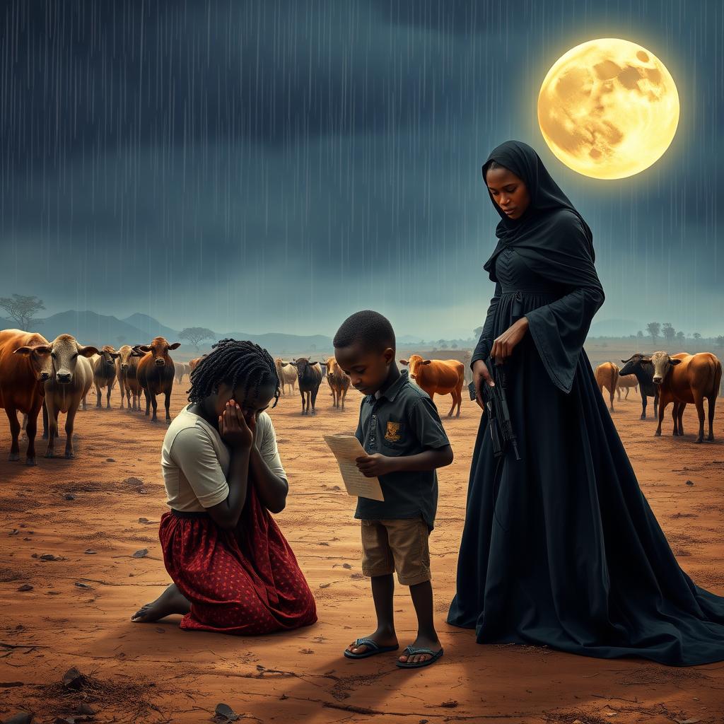An emotional scene depicting an African teenage girl weeping on her knees, holding a drying 5-year-old boy in her arms