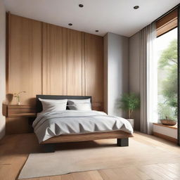 Japandi style bedroom, with a textile bed set against wooden panels that reach mid-wall and tasteful wallpaper above the wood panels.