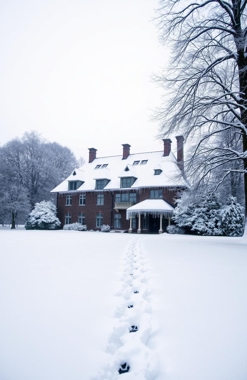 A serene winter landscape featuring an old mansion (oud landhuis) covered in a blanket of fresh, untouched snow
