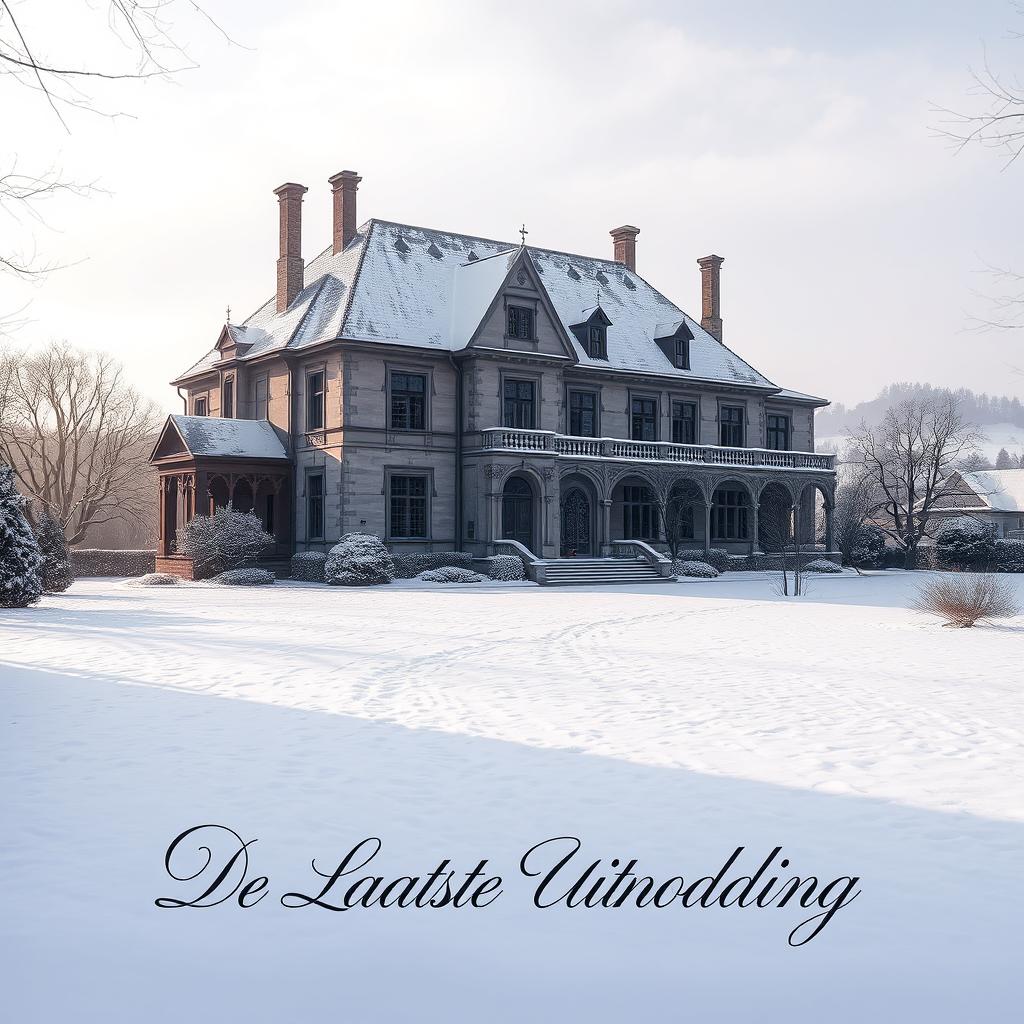 A beautiful scene of an old manor house covered in snow, with intricate architectural details showcasing its historical charm