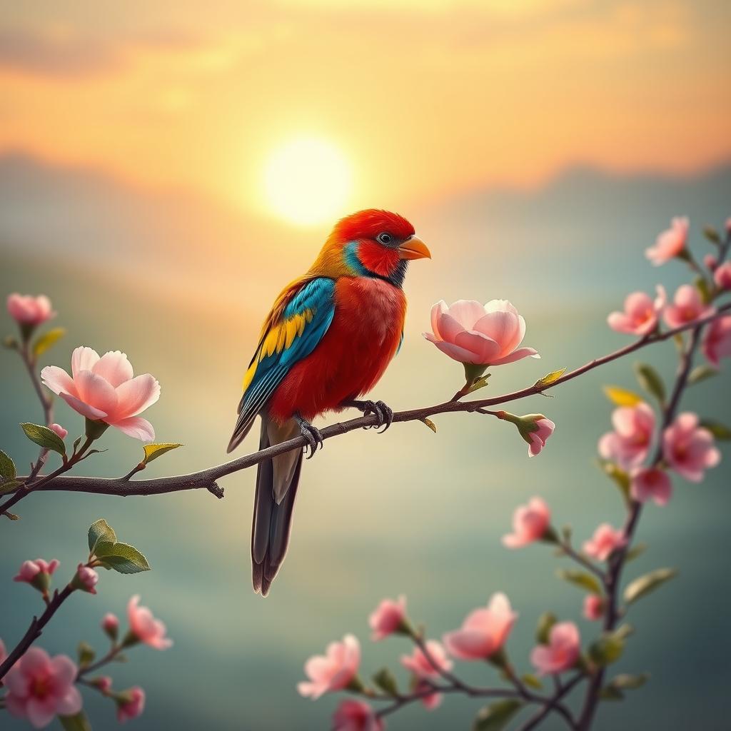 A beautiful scene depicting a vibrant and colorful bird perched on a branch, surrounded by blooming flowers, symbolizing love and affection