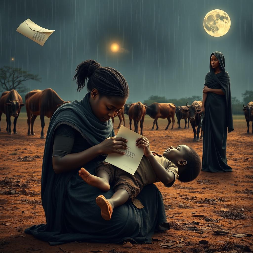 A profoundly moving scene featuring an African teenage girl weeping on her knees, cradling a dead 6-year-old boy in her arms