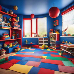 A vibrant children's room in bold blue and red tones, accented with numerous Legos. The space features fun trampolines and playful designs.