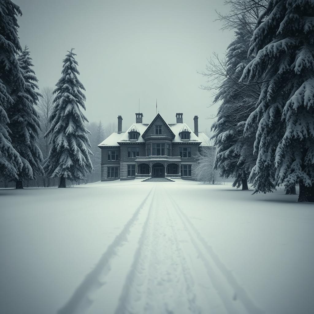 A dark and atmospheric winter landscape featuring an old mansion (oud landhuis) immersed in deep snow