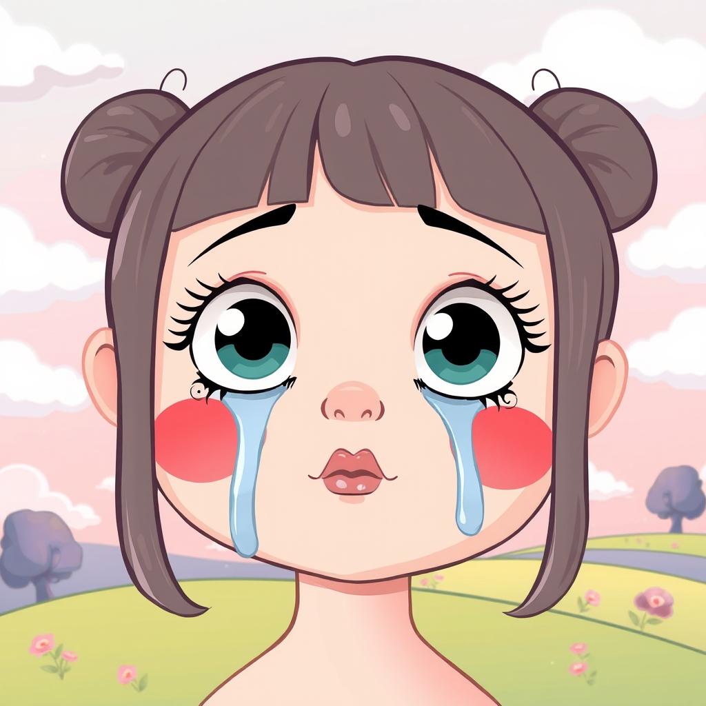 A cartoon-style illustration of a doll's face with large expressive eyes, tears streaming down, conveying a sense of sorrow