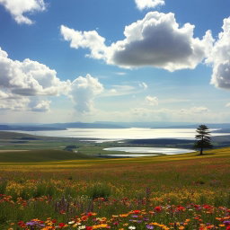 A breathtaking landscape featuring a vast, open sky with fluffy white clouds, expansive fields of vibrant wildflowers in various colors, and distant rolling hills that give a sense of depth and openness