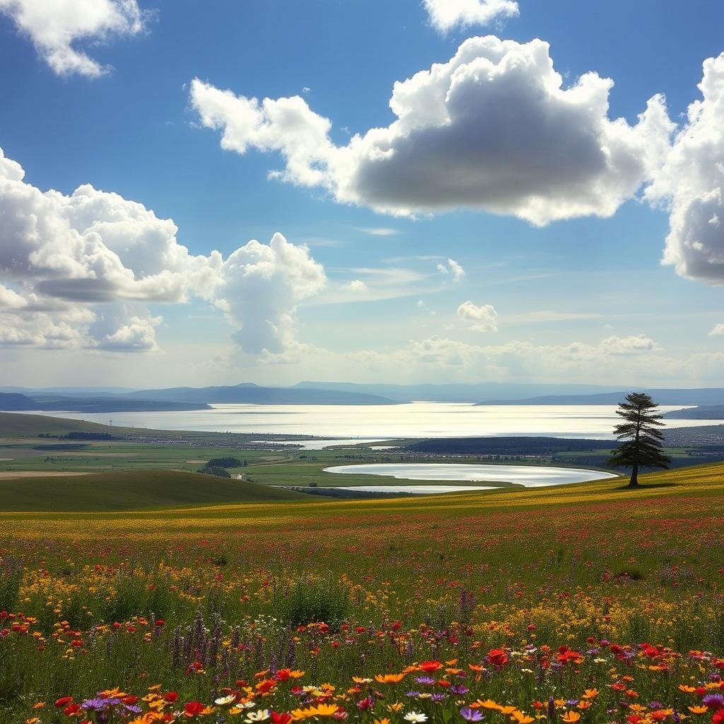 A breathtaking landscape featuring a vast, open sky with fluffy white clouds, expansive fields of vibrant wildflowers in various colors, and distant rolling hills that give a sense of depth and openness