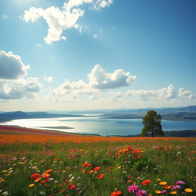 A breathtaking landscape featuring a vast, open sky with fluffy white clouds, expansive fields of vibrant wildflowers in various colors, and distant rolling hills that give a sense of depth and openness