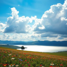 A breathtaking landscape featuring a vast, open sky with fluffy white clouds, expansive fields of vibrant wildflowers in various colors, and distant rolling hills that give a sense of depth and openness