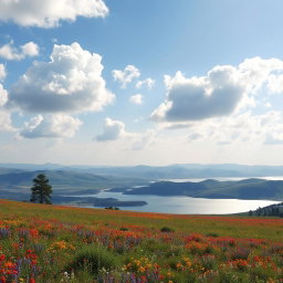 A breathtaking landscape featuring a vast, open sky with fluffy white clouds, expansive fields of vibrant wildflowers in various colors, and distant rolling hills that give a sense of depth and openness