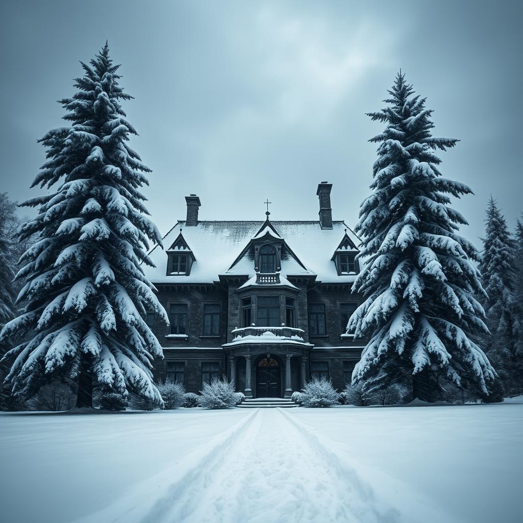 A dark and moody winter scene featuring an old mansion (oud landhuis) enveloped in snow, reflecting an eerie yet captivating atmosphere