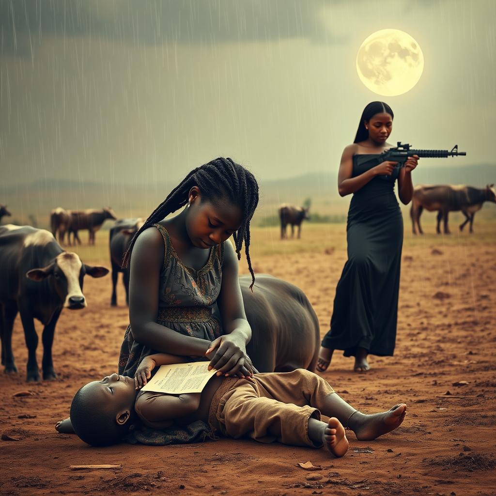 A deeply poignant scene featuring an African teenage girl weeping on her knees, holding a dead 6-year-old boy who has succumbed to AIDS
