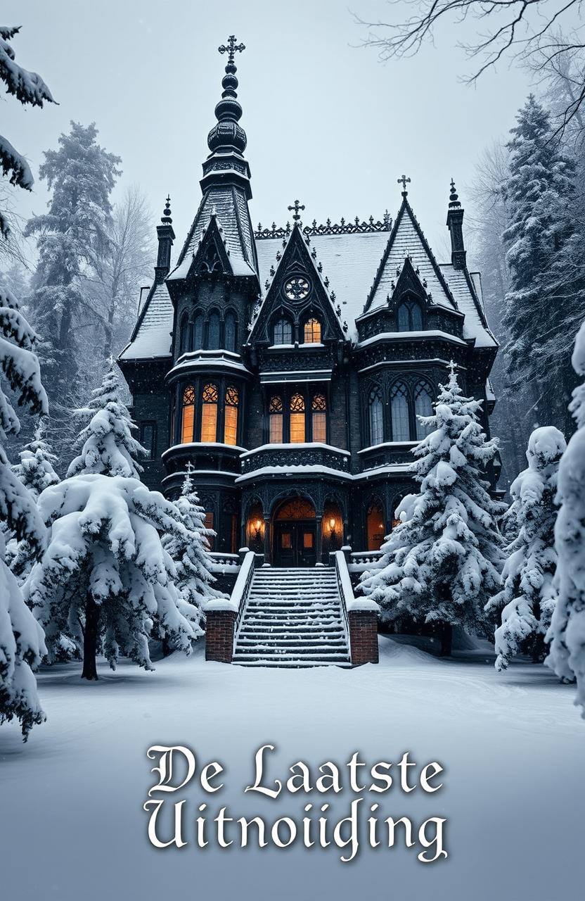 A dark, mysterious old mansion covered in a thick blanket of pristine white snow, surrounded by towering, snow-laden trees