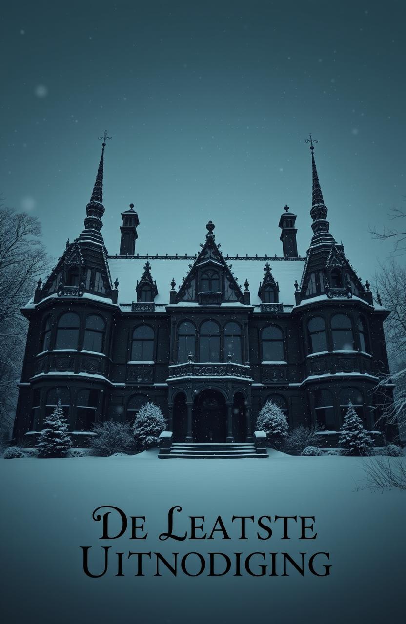 An eerie old mansion surrounded by a thick blanket of snow, the architecture is gothic and grand, with dark, intricate details, tall spires, and large, ornate windows