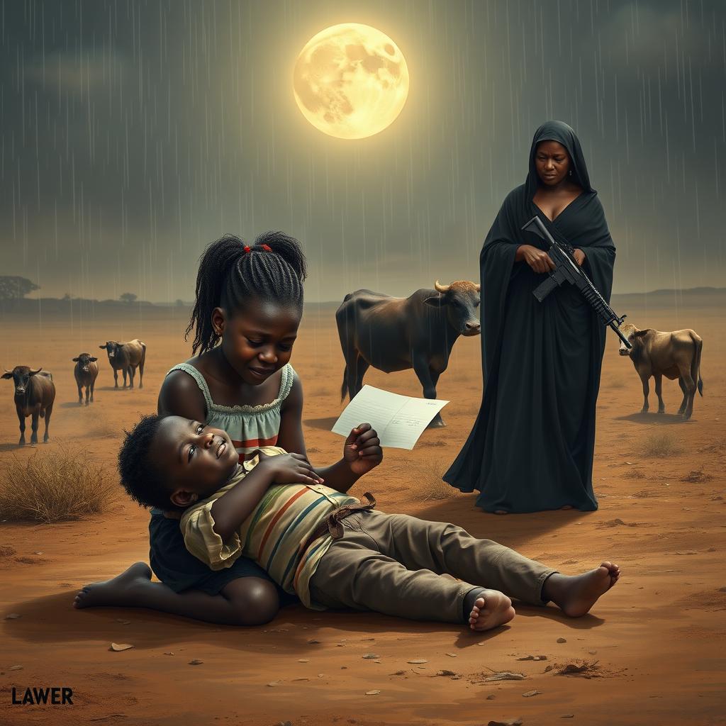A heart-wrenching scene depicting an African teenage girl weeping on her knees, cradling a dead 6-year-old boy who has suffered from AIDS