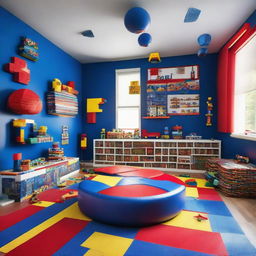 A vibrant children's room in bold blue and red tones, accented with numerous Legos. The space features fun trampolines and playful designs.