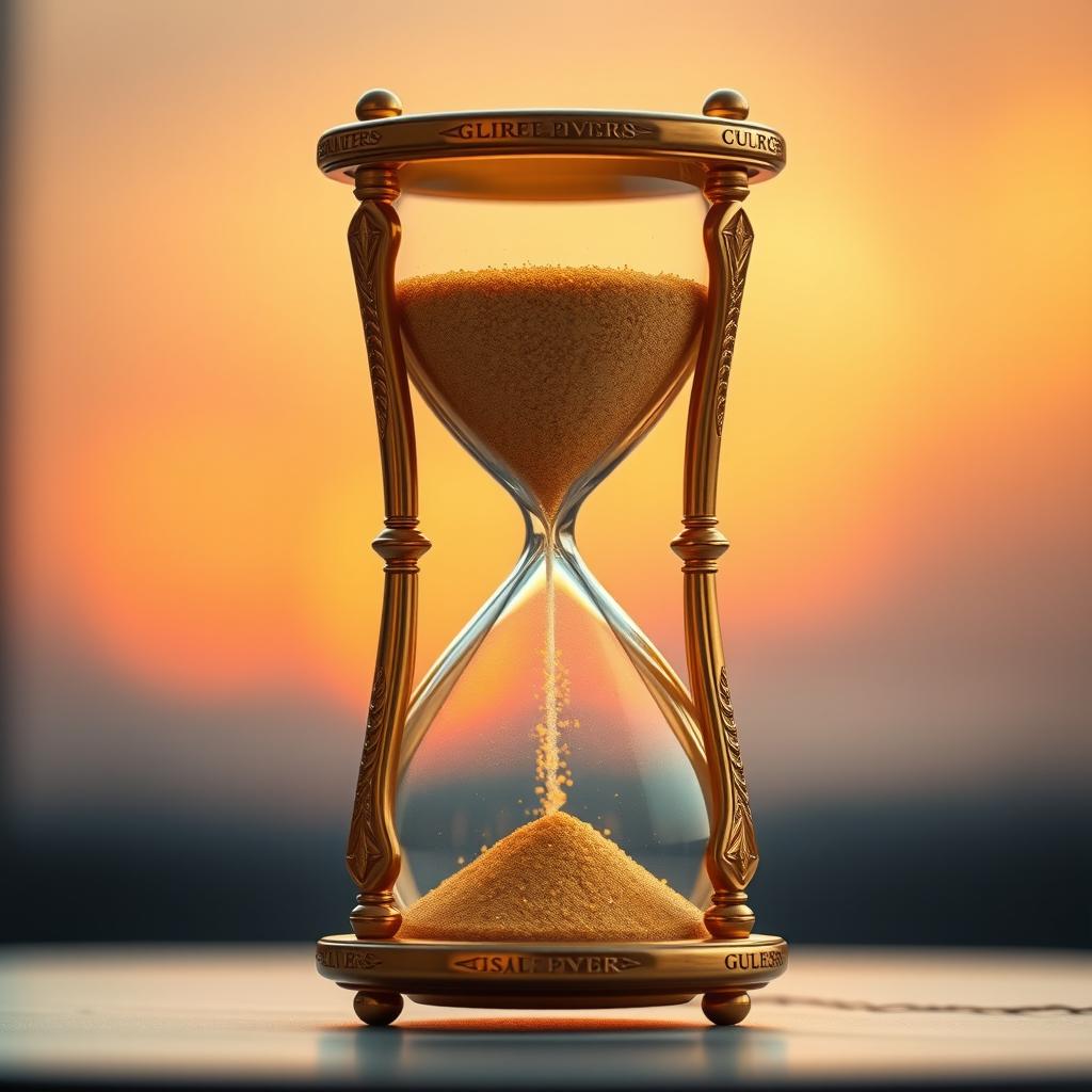 A beautifully designed golden hourglass, with intricate engravings on its surface and shimmering golden sand flowing gracefully through the narrow neck