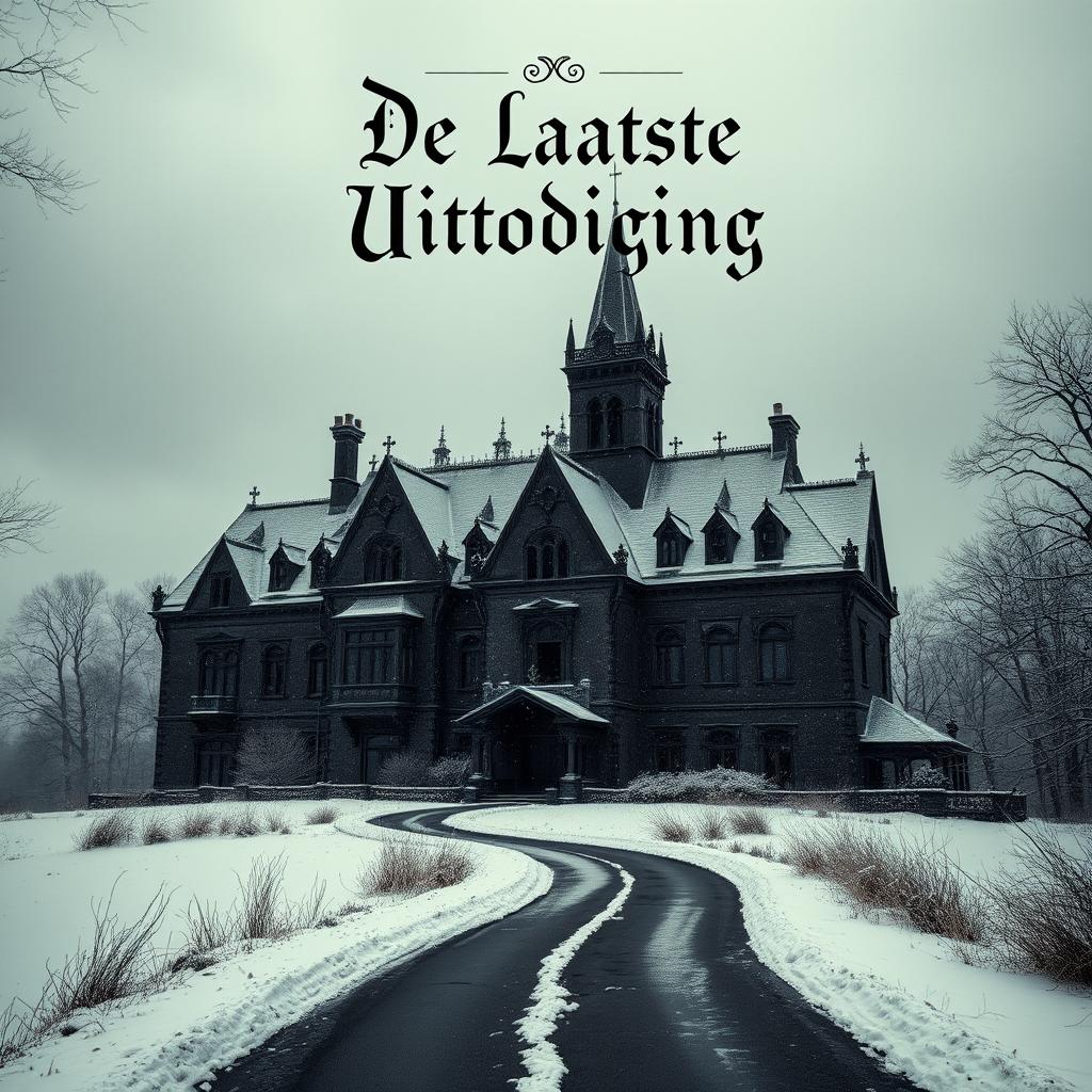 A dark, foreboding old mansion enveloped in a blanket of snow, showcasing a sense of abandonment and mystery