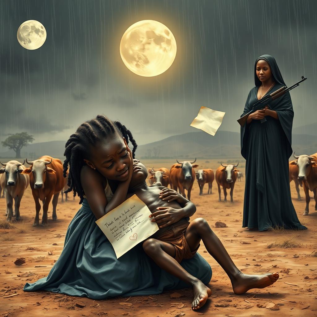 A highly emotional scene depicting a 17-year-old African teenage girl weeping on her knees as she cradles a dead, skinny 6-year-old boy who has suffered from AIDS