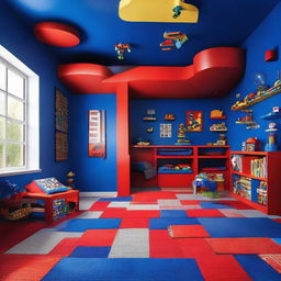 A vibrant children's room in bold blue and red tones, accented with numerous Legos. The space features fun trampolines and playful designs.