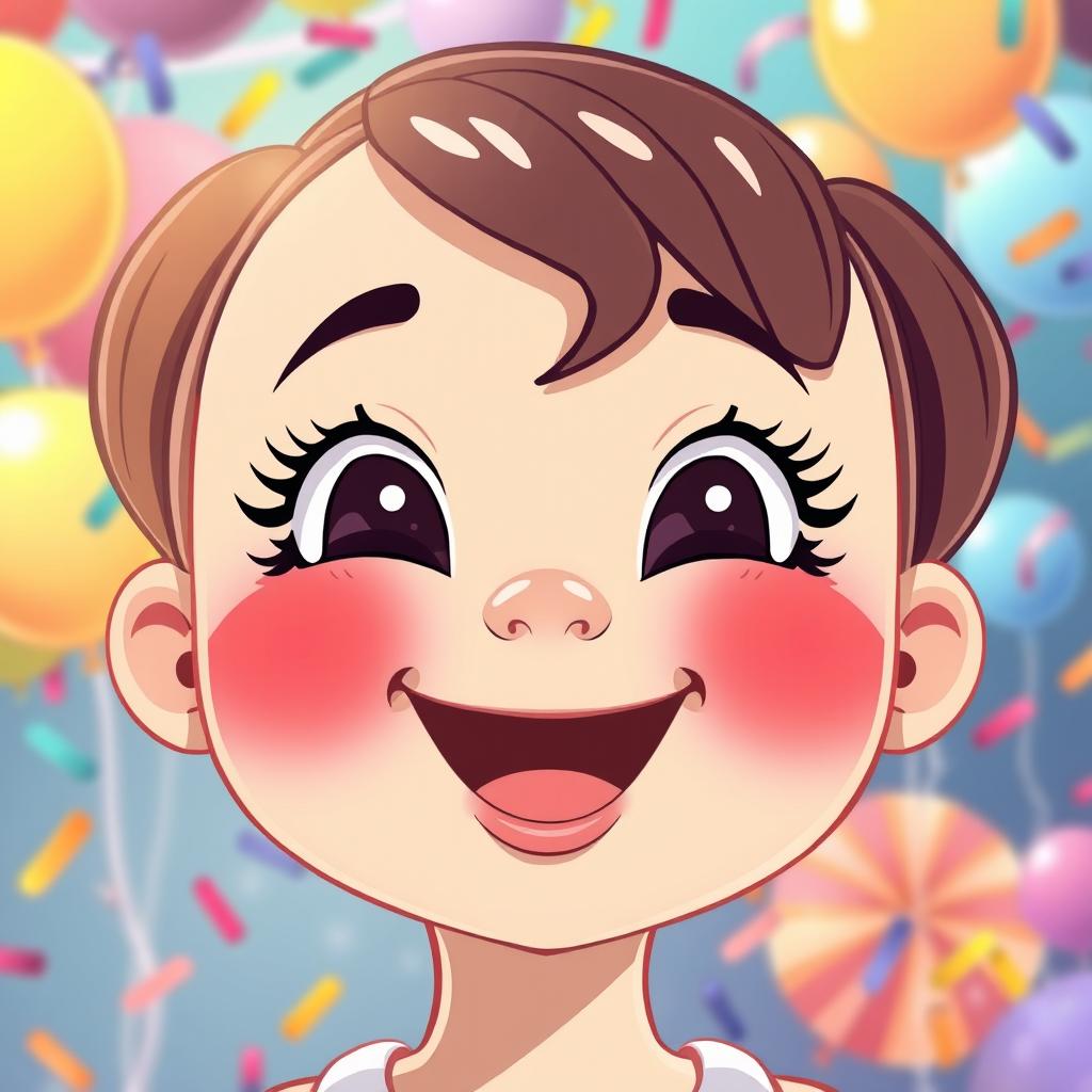 A cartoon-style illustration of a doll's face with a wide, joyful smile, eyes sparkling with happiness, and laughter emanating from her features