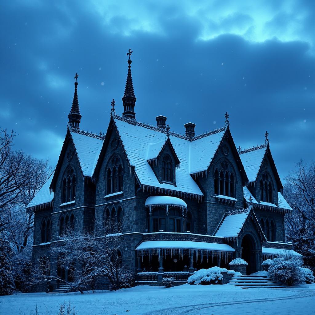 A dark, mysterious old mansion cloaked in a thick layer of snow, highlighting its gothic architectural features such as tall, pointed spires and elaborate stonework