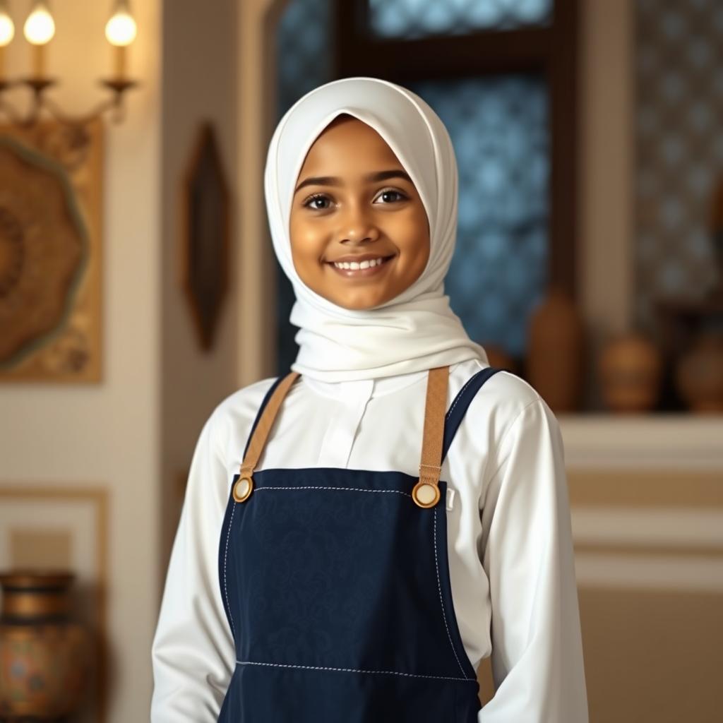 Omani girl wearing a white hijab and a navy blue apron over a white blouse, standing gracefully in a soft-lit environment
