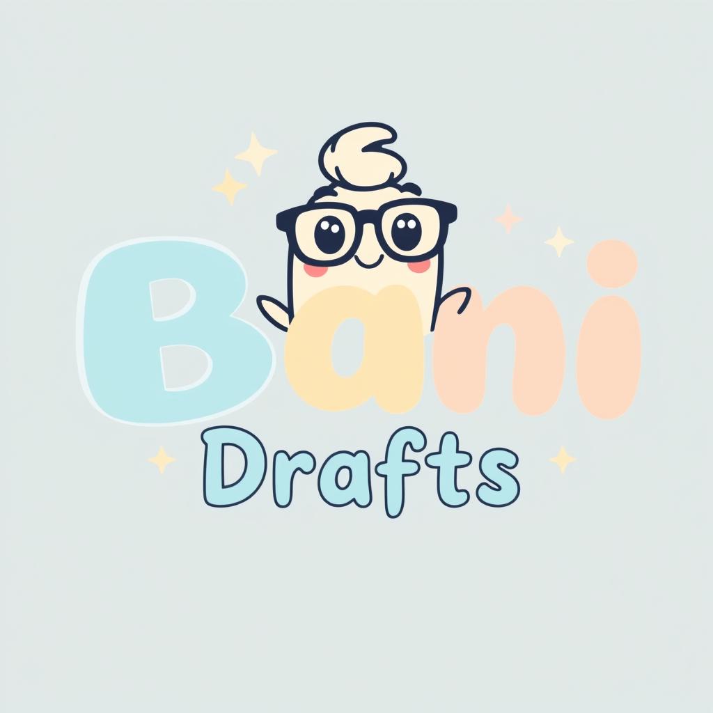 A cute logo design for "Bani Drafts" featuring playful, whimsical elements such as a cartoon-style draft with a big smile, wearing cute glasses