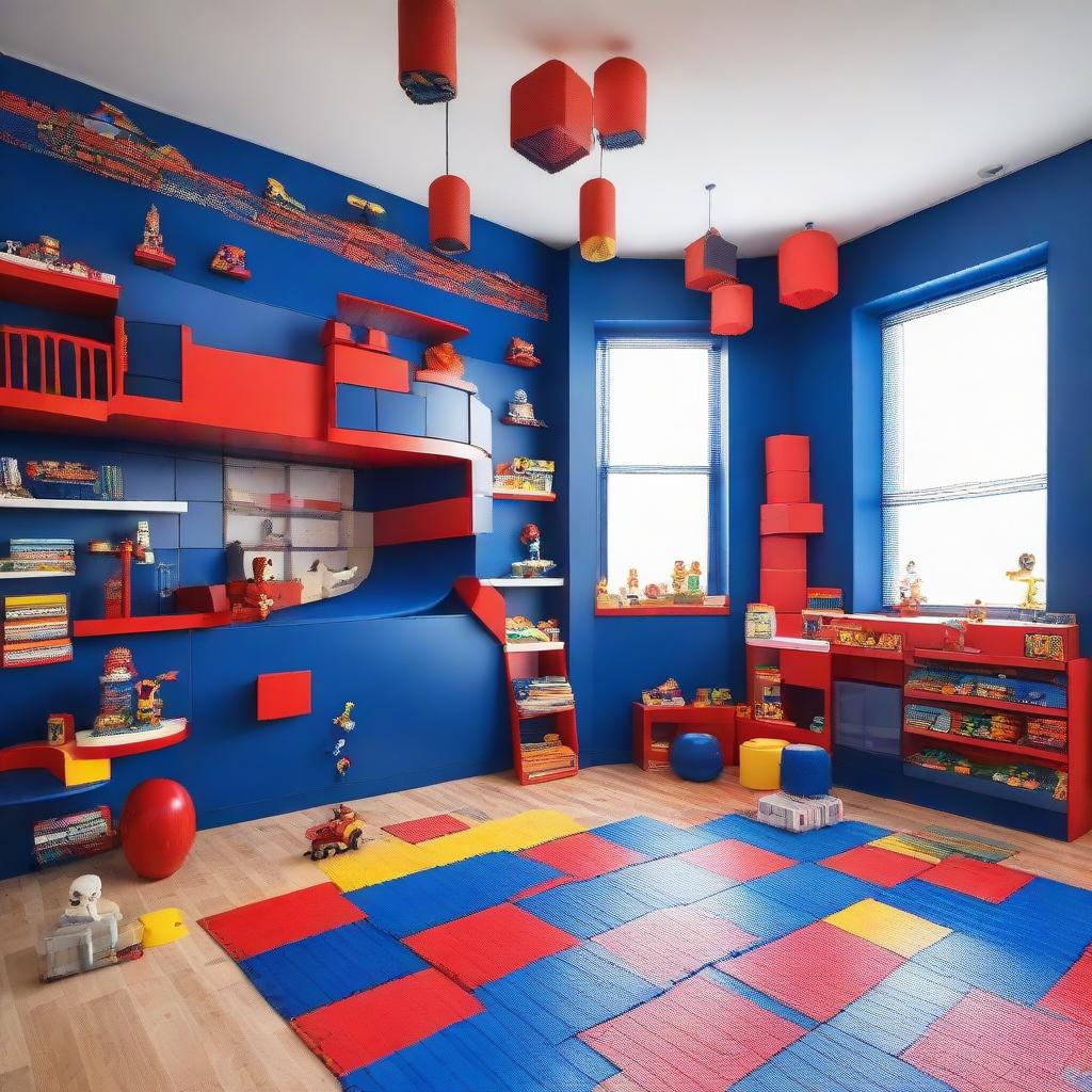 A vibrant children's room in bold blue and red tones, accented with numerous Legos. The space features fun trampolines and playful designs.