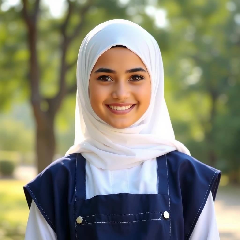 A beautiful Omani girl wearing a white hijab and a navy blue apron over a white shirt